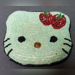 Vtg Beaded Hello Kitty Coin Purse 2 Sided Seed Beads Zip Top Cat Money Holder